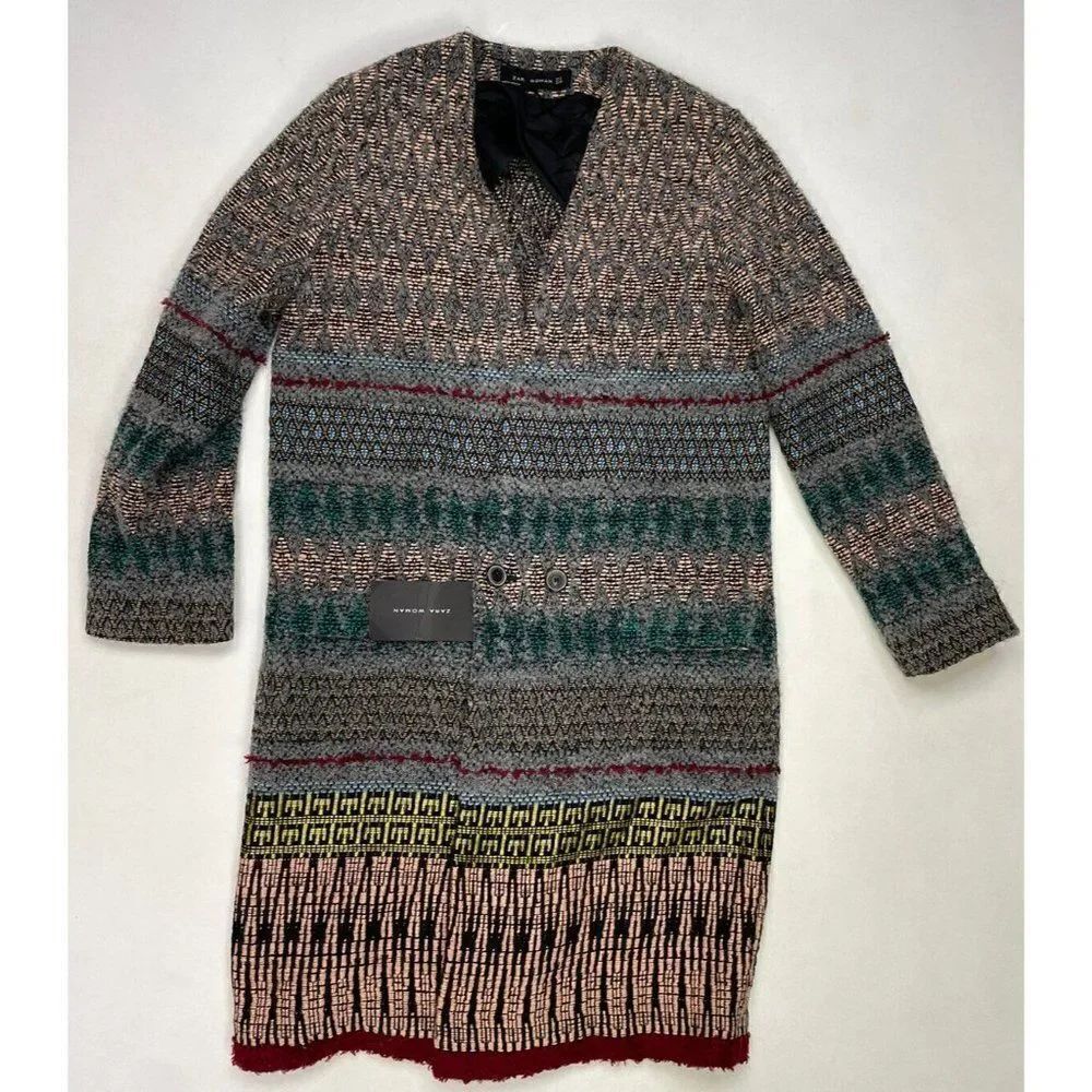 ZARA Fancy Ethnic Jacquard Trench Jacket Women Small Multicolor 2222614802 NWT
